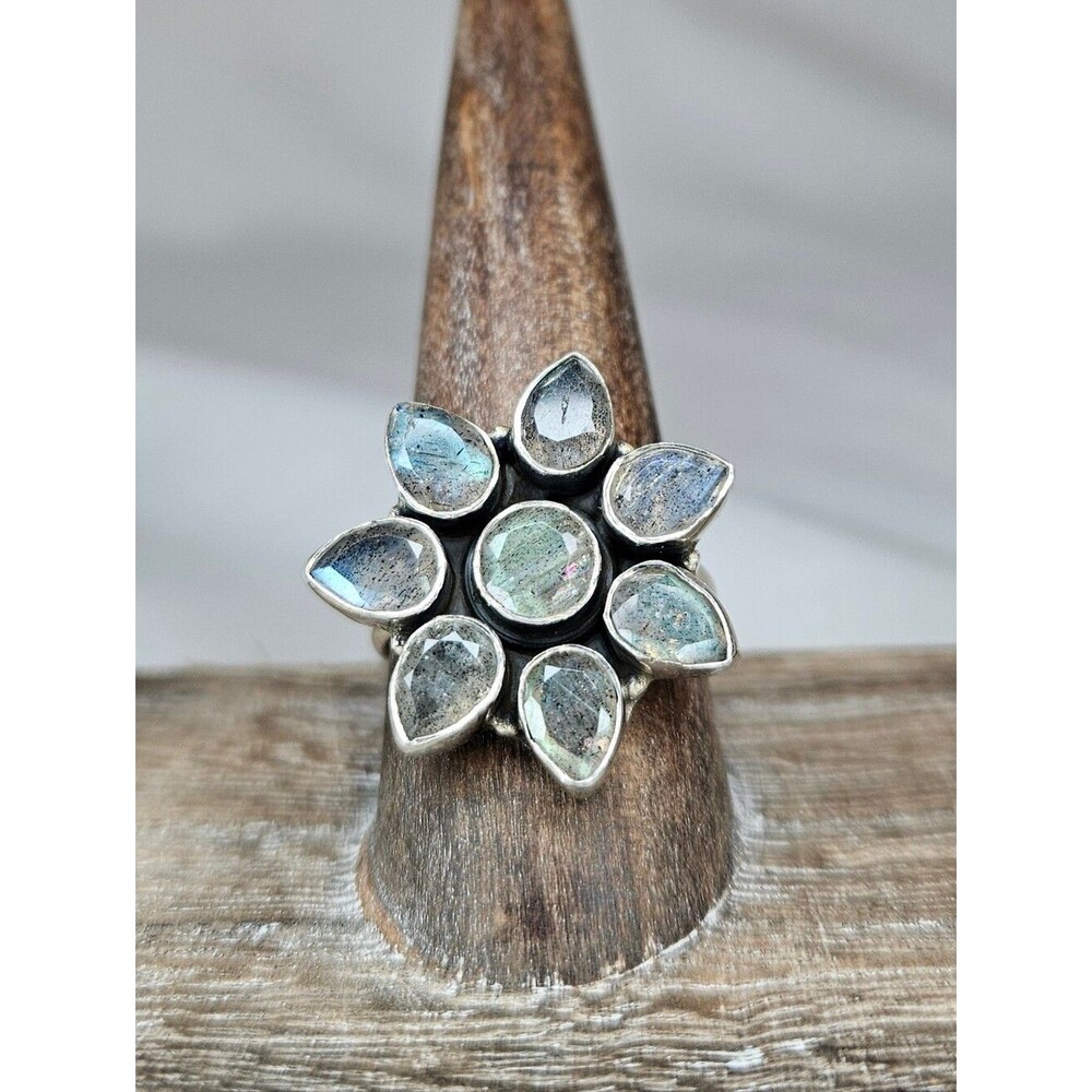 Solid 925 Sterling Silver Natural Labradorite Floral Cluster Ring Boho New Sz 9